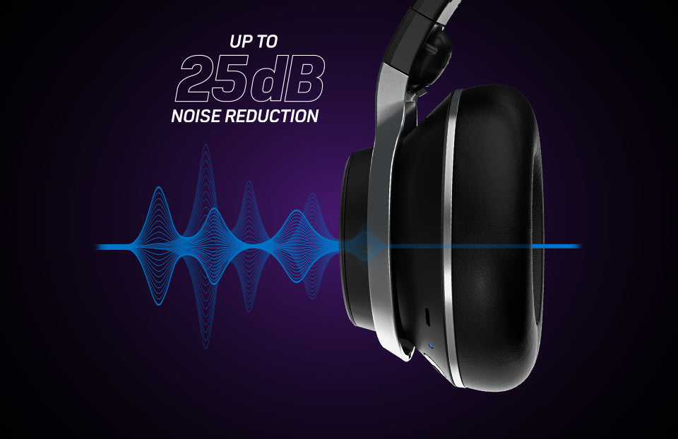 Disfruta de la cancelación de ruido más versátil y competitiva que jamás hayan tenido unos cascos de gaming, con niveles de reducción de ruido de hasta 25 dB.