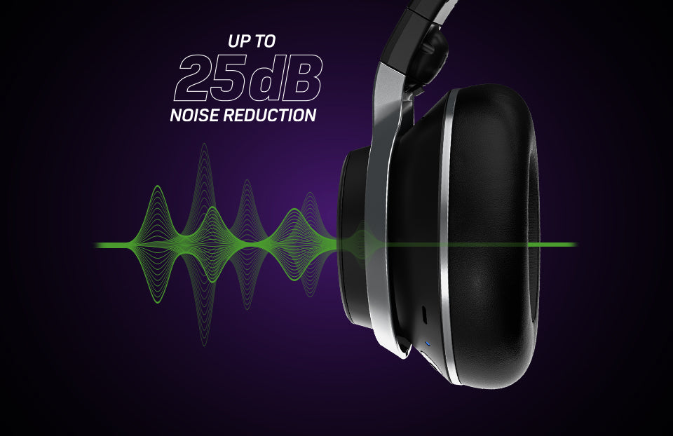 Disfruta de la cancelación de ruido más versátil y competitiva que jamás hayan tenido unos cascos de gaming, con niveles de reducción de ruido de hasta 25 dB.